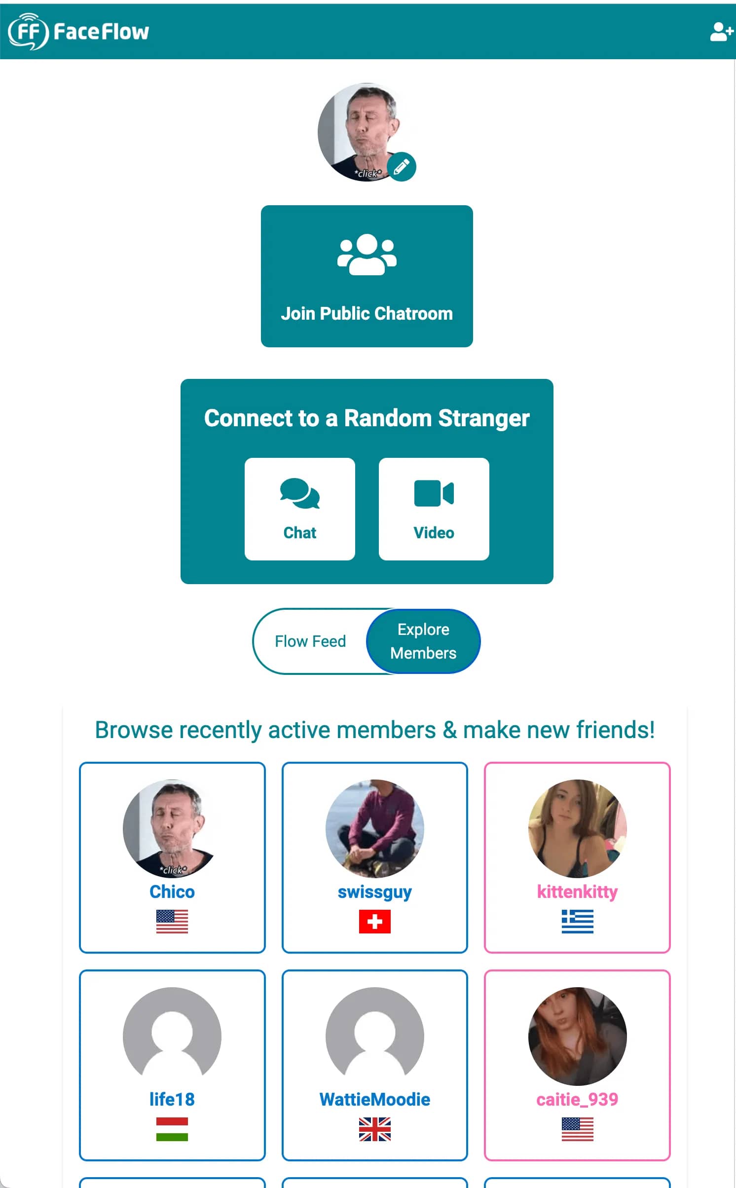 FaceFlow social dashboard — chatrooms, video calls, and friends list